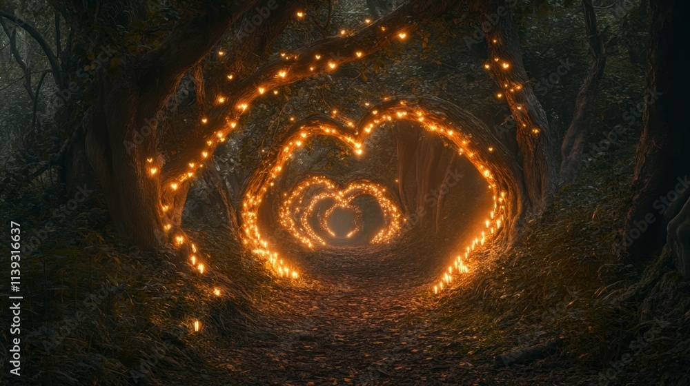 Enchanting Heart-Shaped Forest Path, Magical Glowing Lights Enchanting Heart-Shaped Forest Path, Magical Glowing Lights