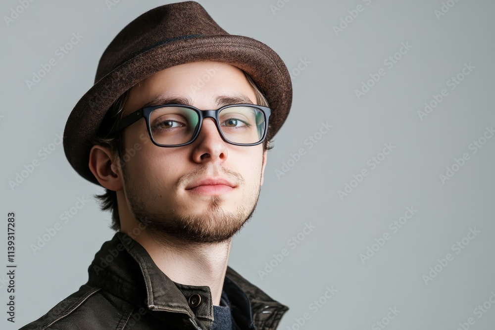 Stylish Young Man in a Hat and Glasses Posing Confidently Against a Neutral Background Stylish Young Man in a Hat and Glasses Posing Confidently Against a Neutral Background