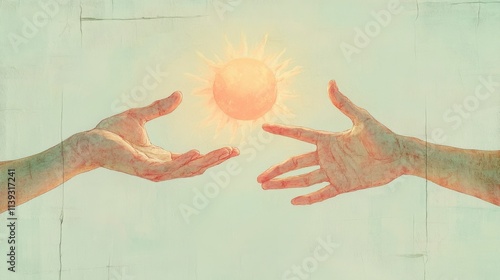 Two Hands Reaching for a Warm Sun, Pastel Artwork