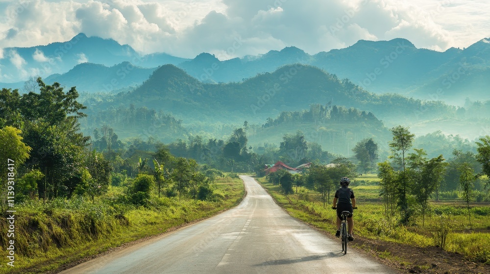 A lone cyclist pedals along a serene rural road, flanked by green fields and trees, with mountains visible in the distance under a beautiful sky at sunset. A lone cyclist pedals along a serene rural road, flanked by green fields and trees, with mountains visible in the distance under a beautiful sky at sunset.