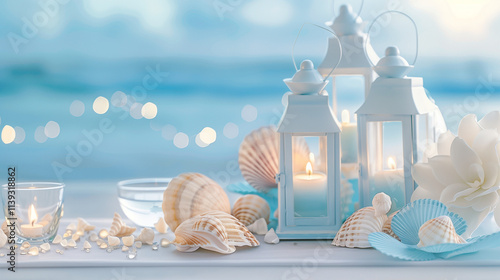 Coastal table decor with candles, lanterns, and seashells