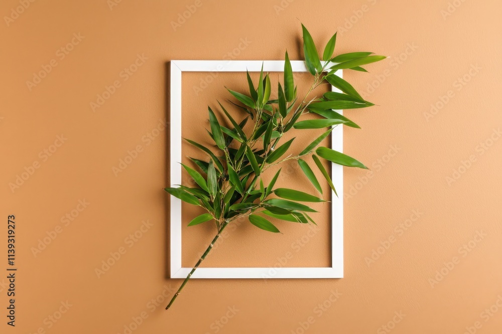 Showcase bamboo leaves sustainable living space minimal styled layout earthy brown background framed nature aesthetic Showcase bamboo leaves sustainable living space minimal styled layout earthy brown background framed nature aesthetic