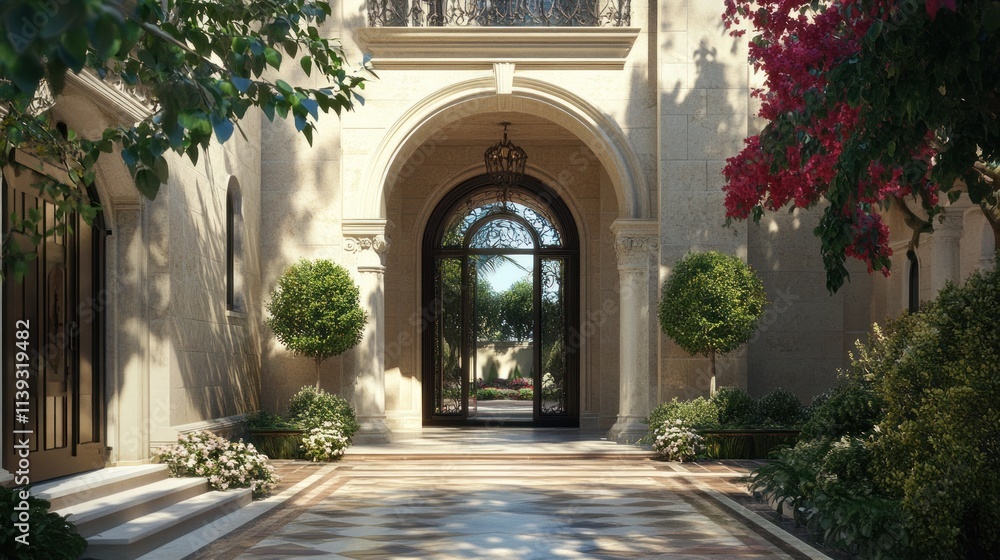 Magnificent Mansion Entrance: A Sun-Drenched Mediterranean Oasis Magnificent Mansion Entrance: A Sun-Drenched Mediterranean Oasis