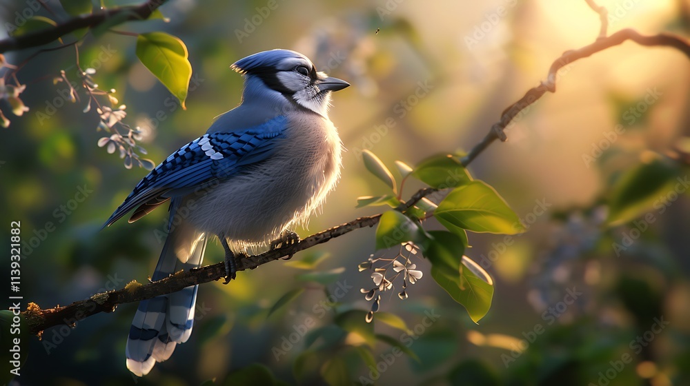 A serene blue jay perched on a thin twig, the feathers detailed in high-definition A serene blue jay perched on a thin twig, the feathers detailed in high-definition
