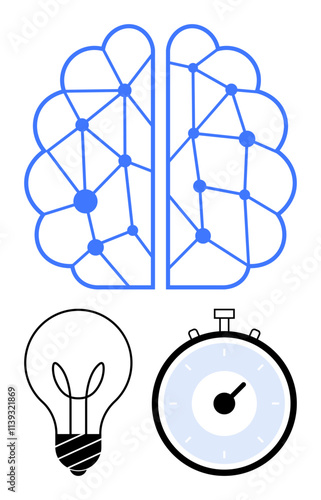 Brain divided into neural network sections, lightbulb representing ideas, and stopwatch symbolizing time management. Ideal for creativity, efficiency, innovation, productivity, brainstorming, time