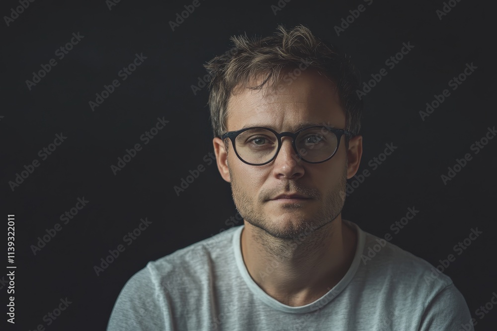 Thoughtful Portrait of a Man with Glasses Against a Dark Background Thoughtful Portrait of a Man with Glasses Against a Dark Background