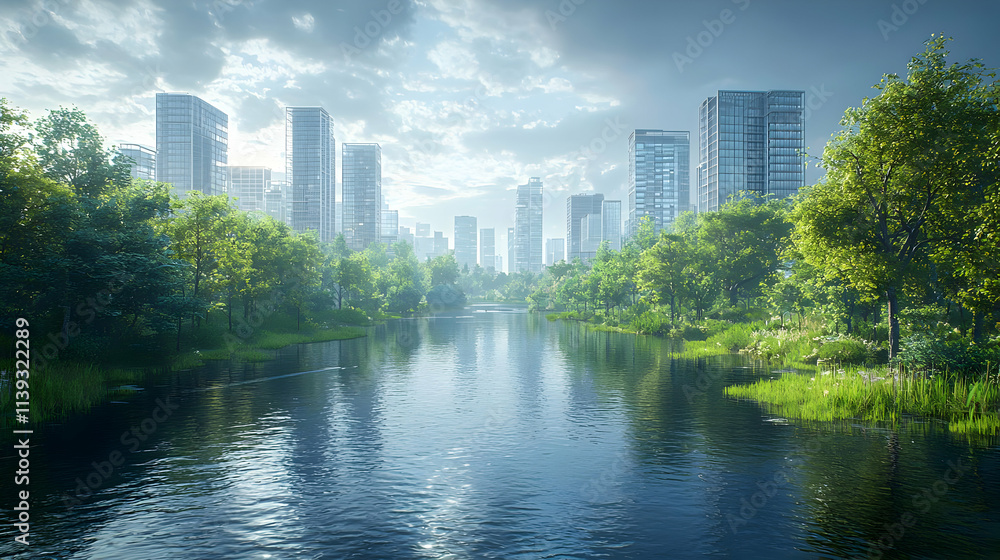 Urban Oasis: City Skyline Reflected in Calm River Water Urban Oasis: City Skyline Reflected in Calm River Water