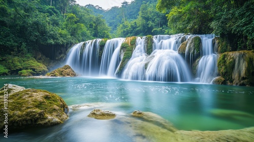 Cascading waterfalls flow powerfully amidst a dense forest, surrounded by vibrant foliage. Sunlight filters through the trees, enhancing the serene atmosphere.