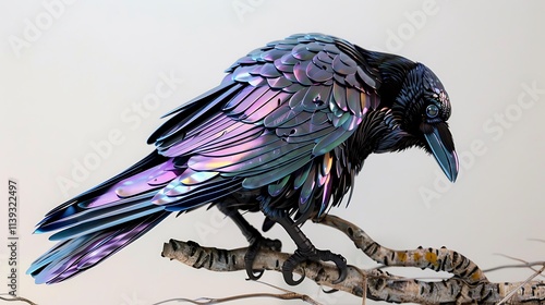 A sleek raven with iridescent feathers, perched elegantly on a branch against white. photo