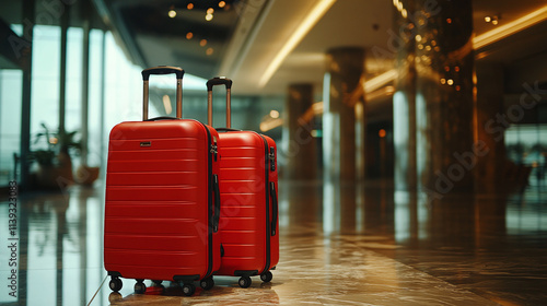 Two red suitcases, placed in an airport hall or lobby. tourist baggage, summer tropical holiday trip accessories, clothes and belongings. arrival before the airplane flight transportation, no people.
