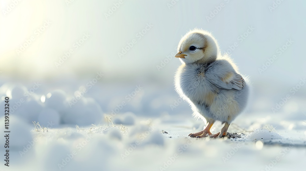 A small chick standing still, fluffy and delicate against the white canvas. A small chick standing still, fluffy and delicate against the white canvas.