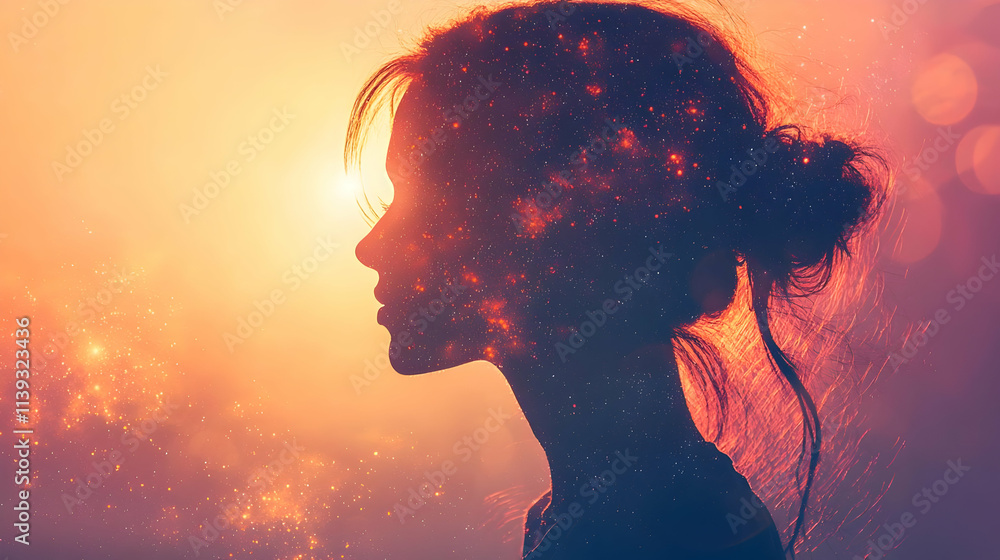 Inner Cosmos: Woman Silhouette at Sunset, Cosmic Dust Inner Cosmos: Woman Silhouette at Sunset, Cosmic Dust