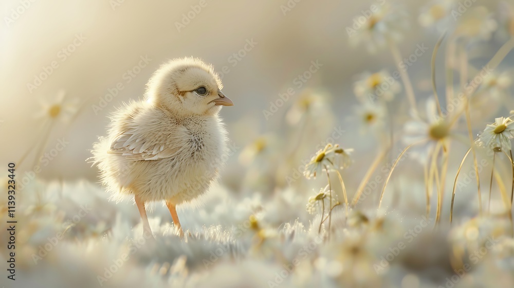 A small chick standing still, fluffy and delicate against the white canvas. A small chick standing still, fluffy and delicate against the white canvas.