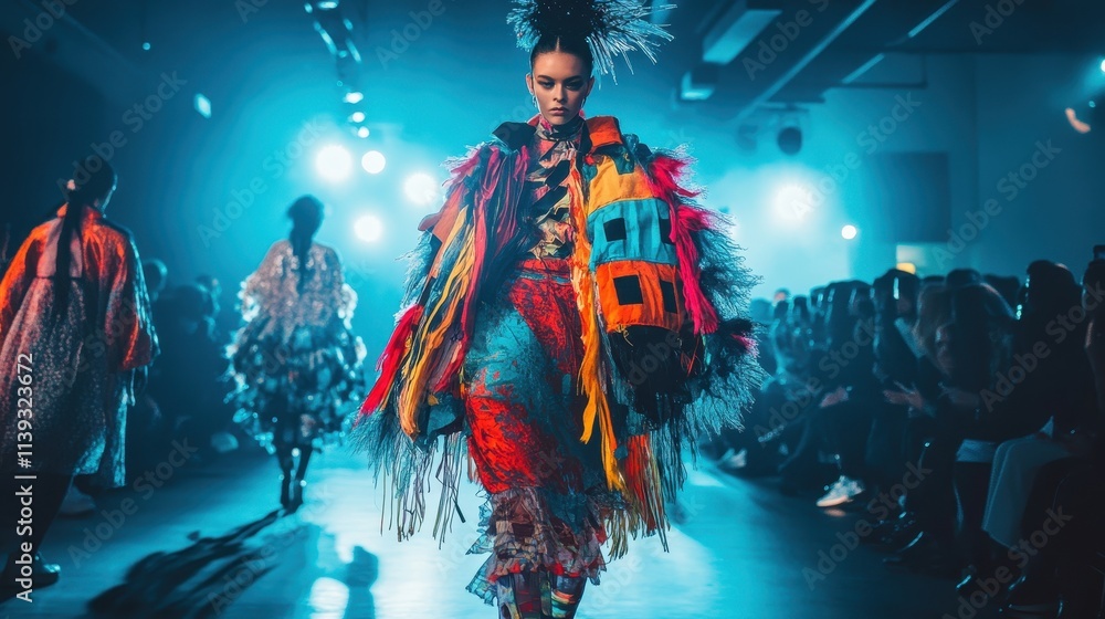 Obraz premium A fashion model confidently presents a colorful outfit on the runway, highlighted by striking lighting and an engaged audience. The atmosphere is filled with excitement and creativity.