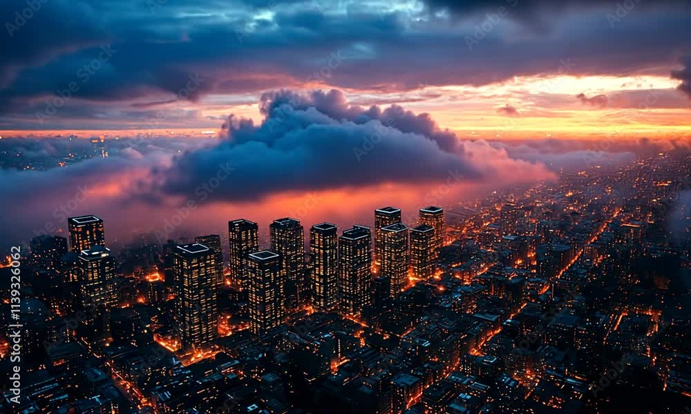 A dramatic sunset over a cityscape with glowing skyscrapers and stormy clouds. A dramatic sunset over a cityscape with glowing skyscrapers and stormy clouds.