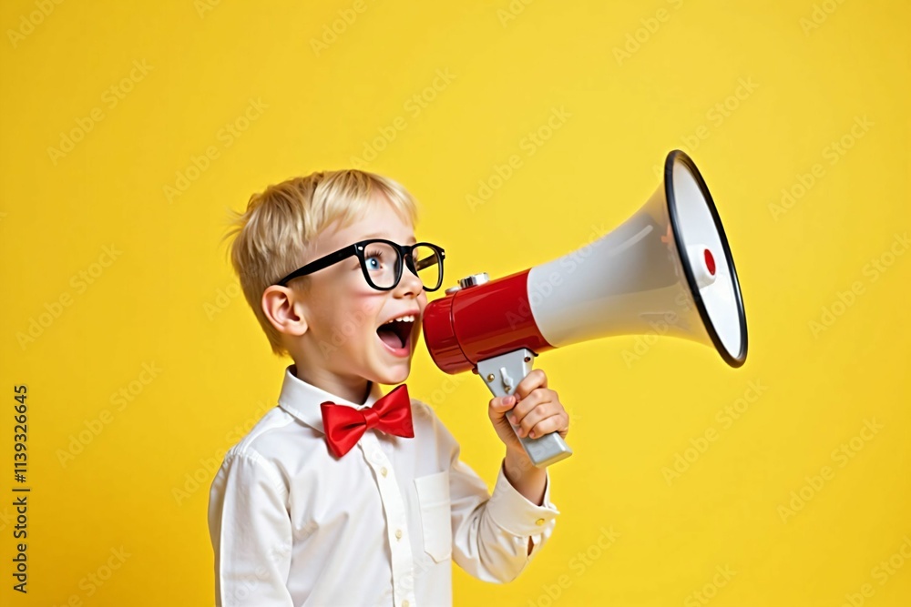 Smart Young Boy in Glasses and Red Bowtie Yelling Through Megaphone Against Yellow Background for School Announcement Concept