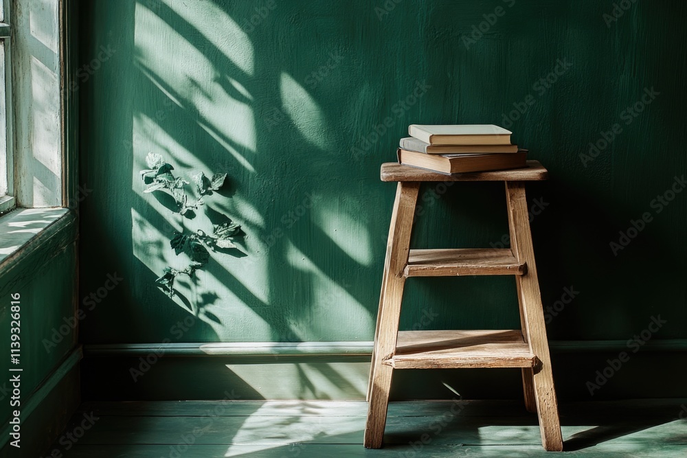 Wooden bookshelf with stacked books Wooden bookshelf with stacked books