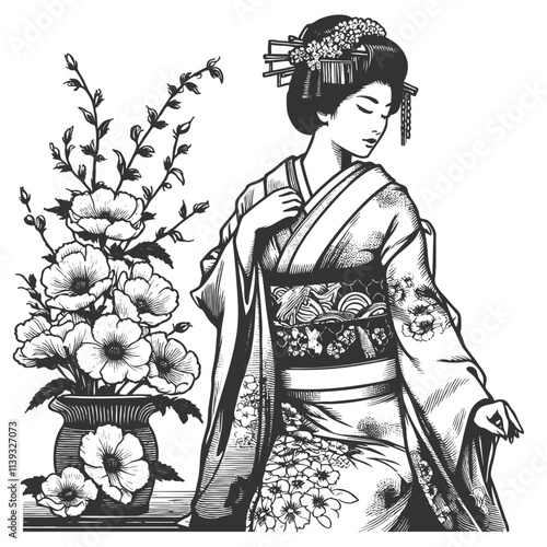 geisha in traditional kimono, surrounded by detailed blooming flowers and foliage sketch engraving generative ai fictional character vector illustration. Scratch board imitation. Black and white image