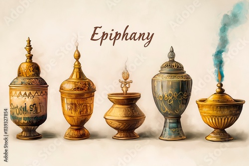 Gold, frankincense, and myrrh displayed in detailed golden containers