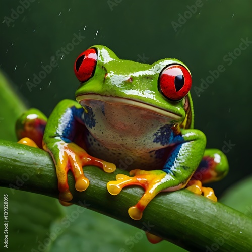 Macro shot of a red-eyed tree frog gripping a vine, its bright colors contrasting against the deep greens and yellows of the rainfores,Generative Ai
 photo