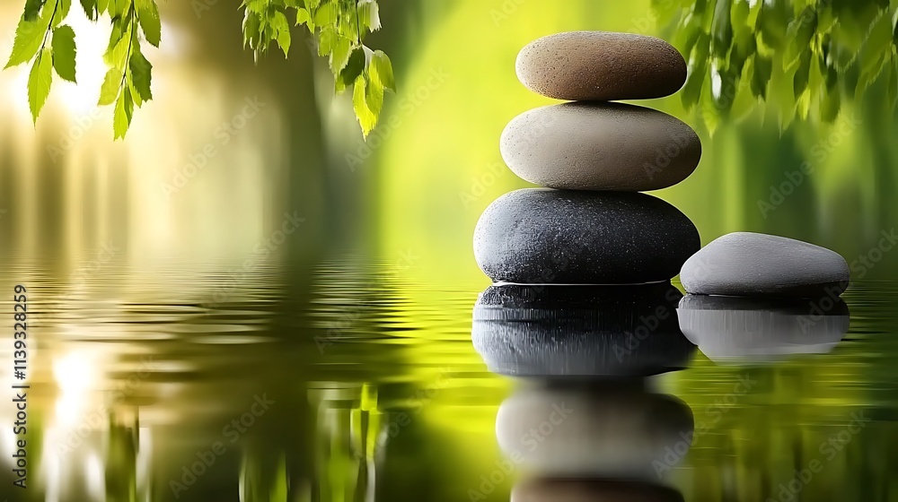 Fototapeta premium Serene Stacked Stones Reflecting in a Tranquil Spring Pond. AI Generated