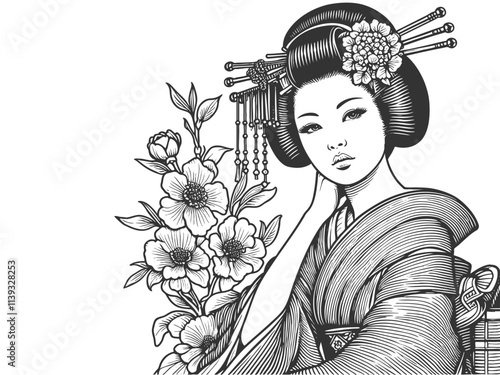 geisha in traditional kimono, surrounded by detailed blooming flowers and foliage sketch engraving generative ai fictional character vector illustration. Scratch board imitation. Black and white image
