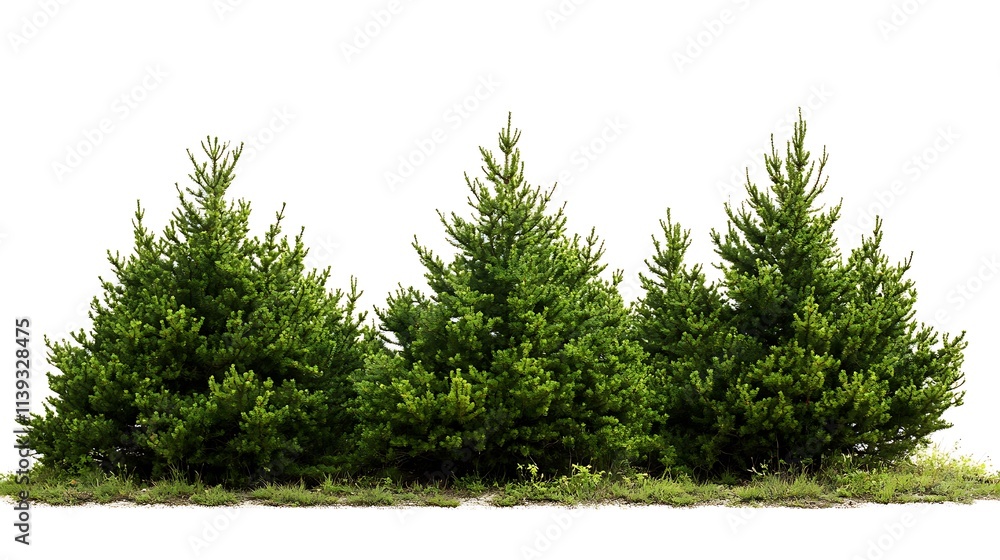 Fototapeta premium Lush Evergreen Trees Against a White Background. AI Generated