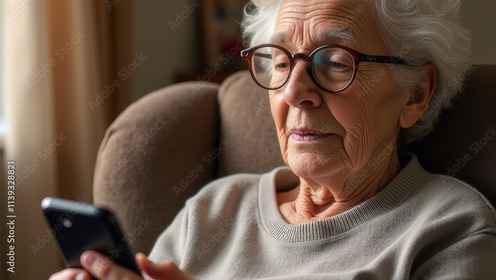 A smiling senior citizen is joyfully playing a smartphone, surrounded by cozy blankets and warm lighting. A smiling senior citizen is joyfully playing a smartphone, surrounded by cozy blankets and warm lighting.