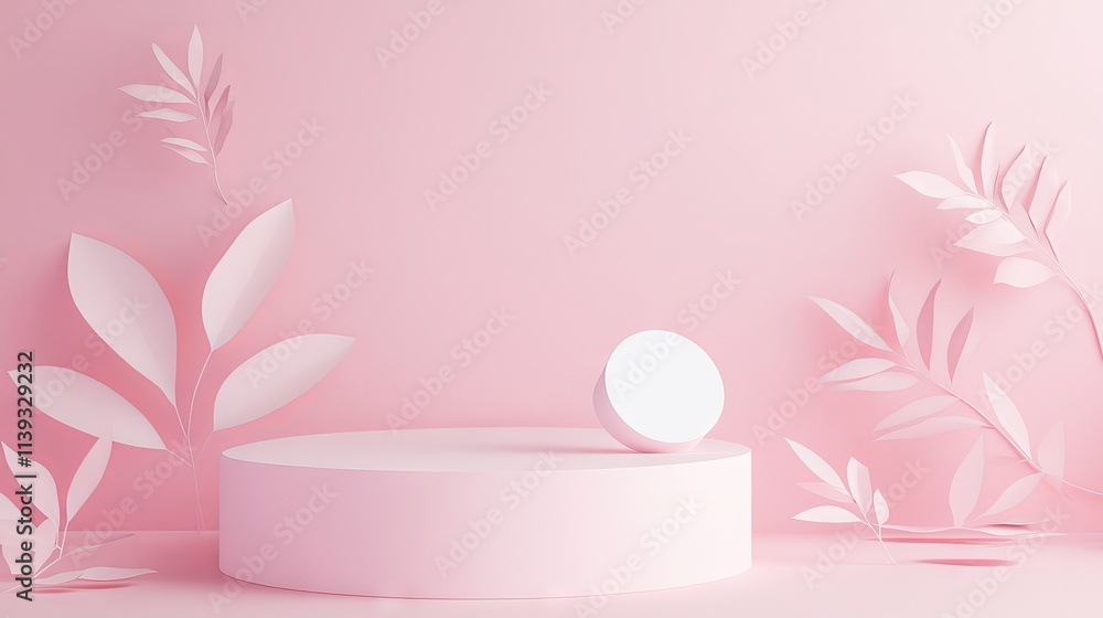 Abstract minimalist composition with geometric shapes, cylinder podium display for product showcase, and delicate paper leaves on soft pink background Abstract minimalist composition with geometric shapes, cylinder podium display for product showcase, and delicate paper leaves on soft pink background