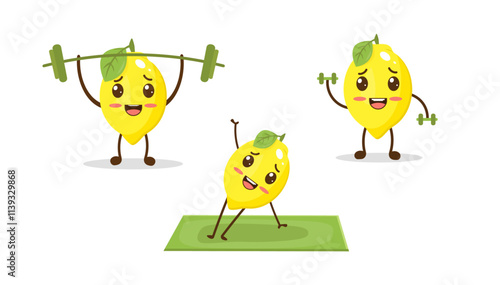 Cartoon cute lemon character doing sport exercises.  Set.
Vector Illustration