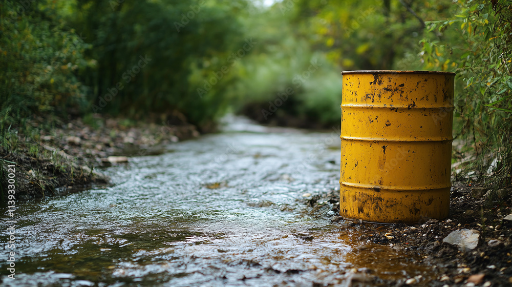 Yellow barrel with toxic and dangerous chemical fuel, placed next to the dirty river stream. gallon or container with radioactive substance, biohazard caution, water pollution and contamination. Yellow barrel with toxic and dangerous chemical fuel, placed next to the dirty river stream. gallon or container with radioactive substance, biohazard caution, water pollution and contamination.