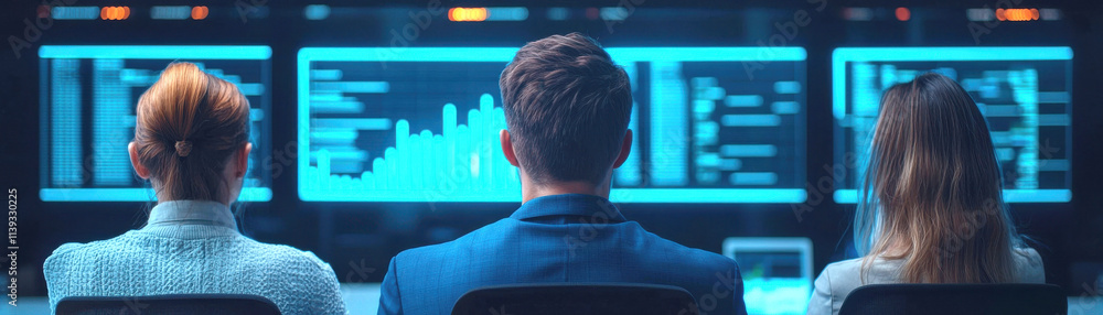 Three individuals observe data analytics on screens, immersed in a tech-driven environment focused on analysis and insights. Three individuals observe data analytics on screens, immersed in a tech-driven environment focused on analysis and insights.