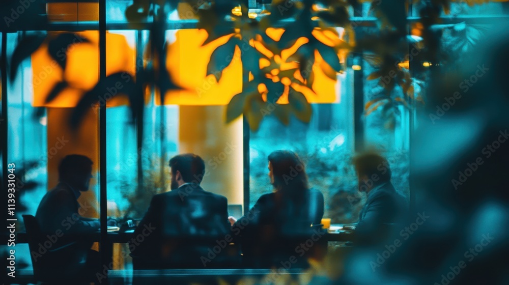 Fototapeta premium Friends sit around a table in a restaurant, sharing a meal and engaging in conversation. The warm ambient lighting creates a welcoming atmosphere while nature surrounds the indoor space.