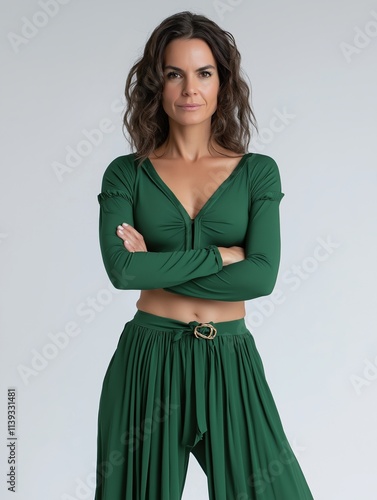 Empowered woman posing in green outfit studio fashion portrait confidence