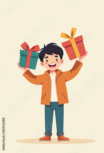 Delightful Digital Art Featuring a Joyful Young Person with Colorful Gifts - Minimalist Design in Soft Pastel Hues
