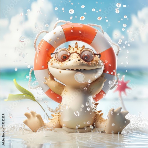 Cute funny alligator enjoys a sunny day at the beach with a life preserver and bubbles