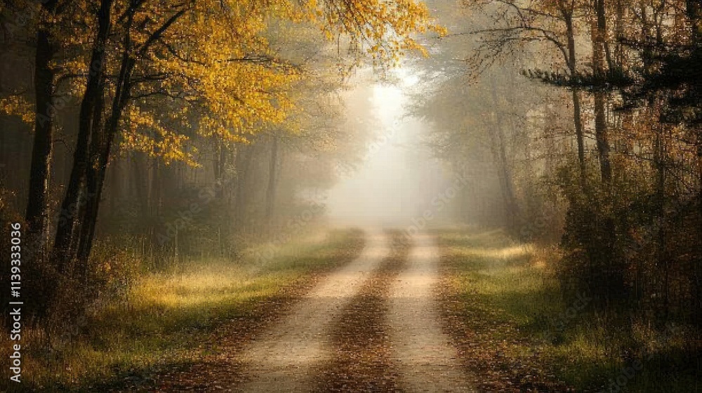 Mystical Autumn Path: A Serene Forest Road in Golden Mist Mystical Autumn Path: A Serene Forest Road in Golden Mist