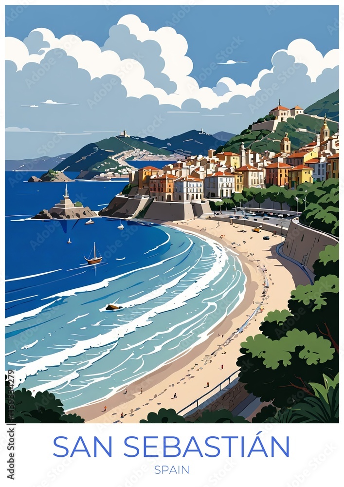 Fototapeta premium San Sebastian Spain Retro Travel Poster Illustration Wall Art Decor Canvas Gift