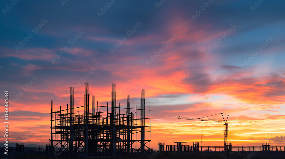 Fototapeta premium Silhouettes of skeletal building frameworks rise against a vibrant sunset sky, highlighting urban development and potential for transformation amid the changing landscape