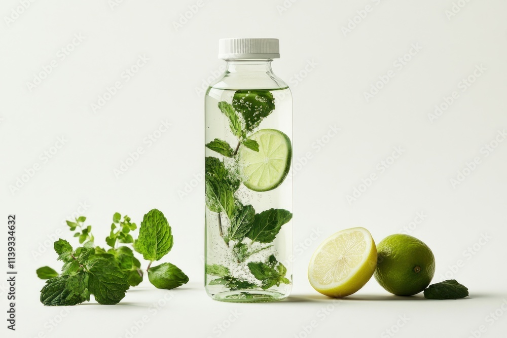 Refreshing mint lime water in glass bottle.