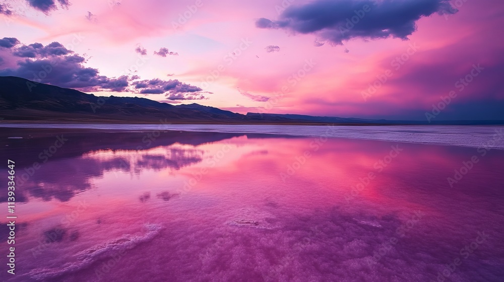 Fototapeta premium Vibrant pink salt lake with reflective waters and expansive mineral crystals under a clear blue sky
