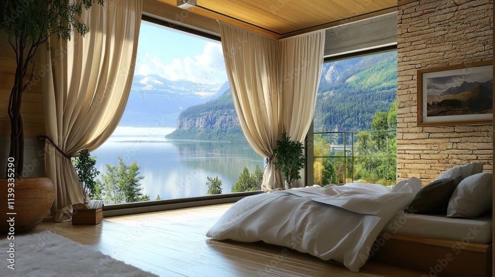 Fototapeta premium Serene Lakeside Bedroom with Breathtaking Mountain Views