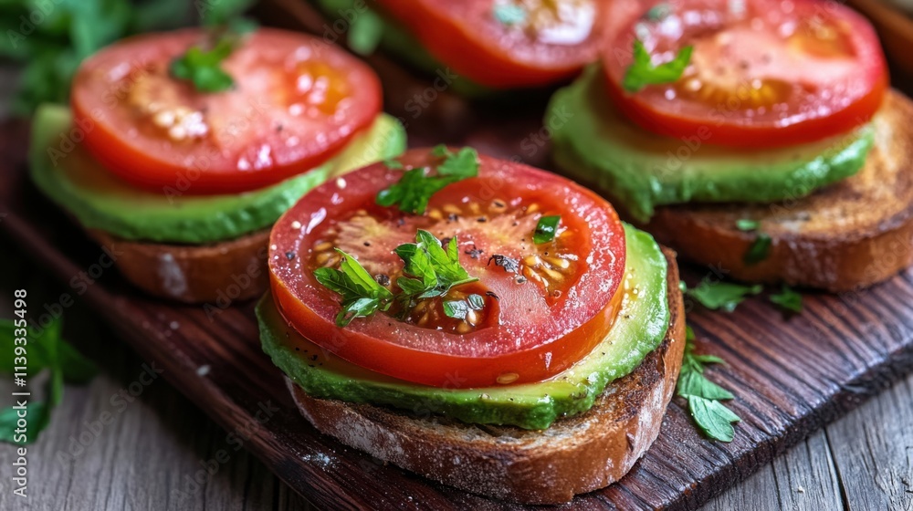 Healthy Whole Grain Toast with Tomato and Avocado Slices Healthy Whole Grain Toast with Tomato and Avocado Slices