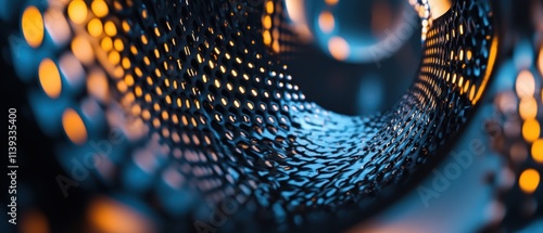 A detailed close-up of a honeycomb mesh pattern illuminated by warm light, showcasing a dynamic interplay of depth and shadow in a modern abstract design.