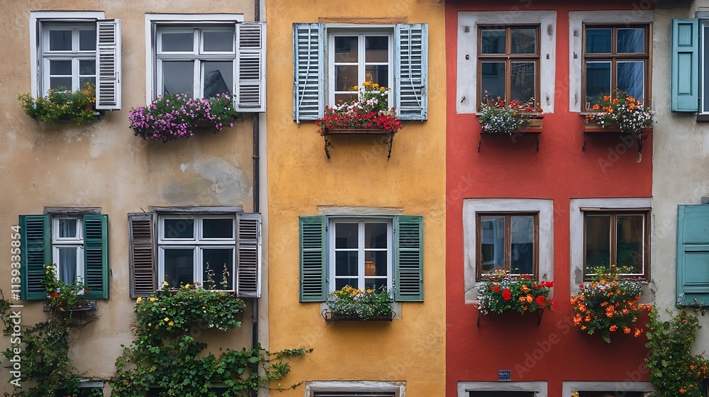 Fototapeta premium Vibrant Flower-Boxed Windows of a Colorful Austrian Building. AI Generated