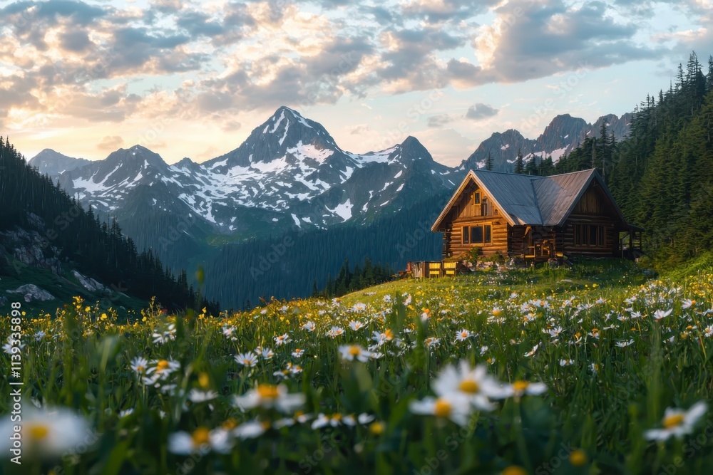 Capturing the tranquility of a wooden cabin at sunrise mountain landscape serene nature scene floral environment panoramic view peaceful essence Capturing the tranquility of a wooden cabin at sunrise mountain landscape serene nature scene floral environment panoramic view peaceful essence