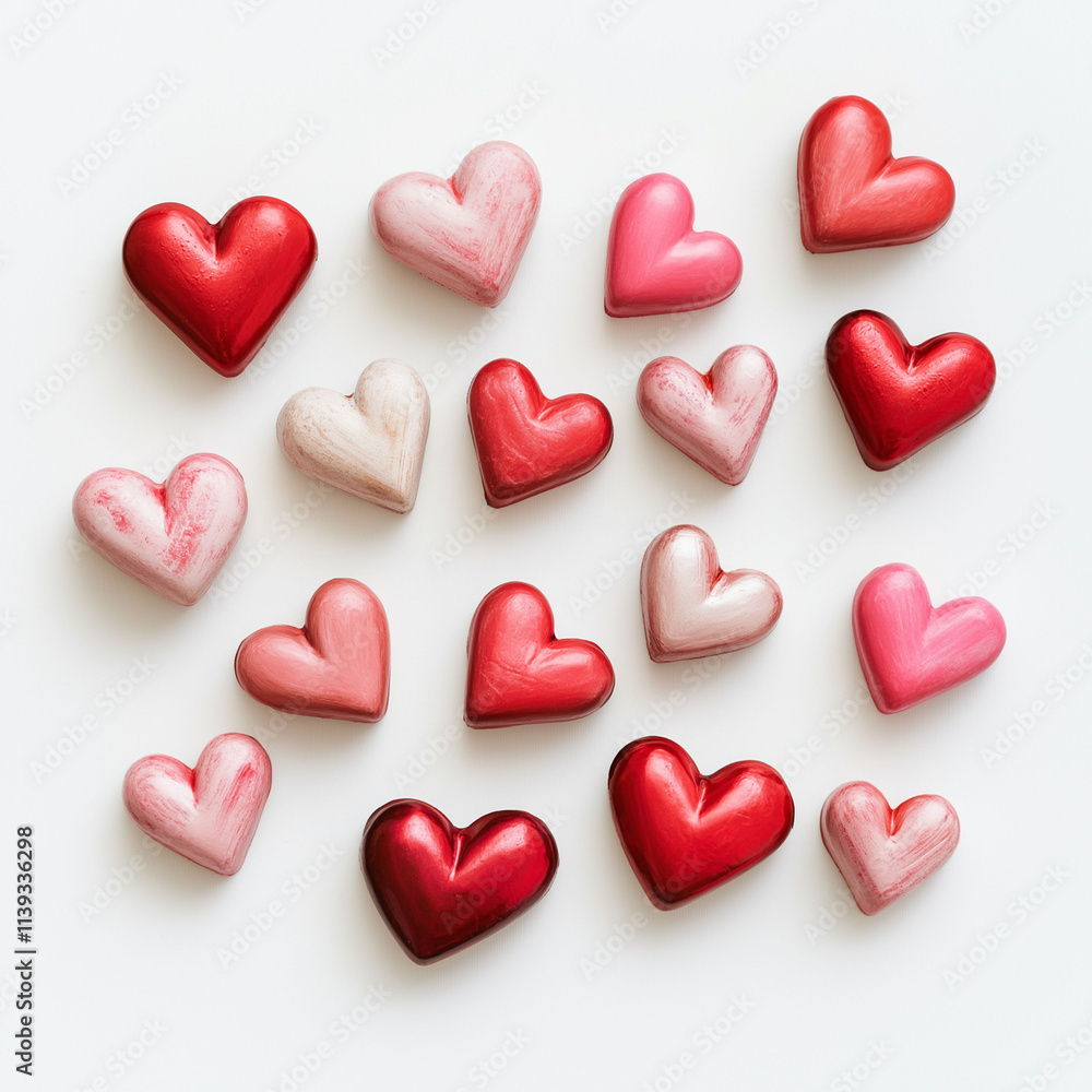 Diverse collection of various shaped and textured red heart stickers including glossy matte and metallic finishes displayed against a clean white background for a premium elegant Diverse collection of various shaped and textured red heart stickers including glossy matte and metallic finishes displayed against a clean white background for a premium elegant
