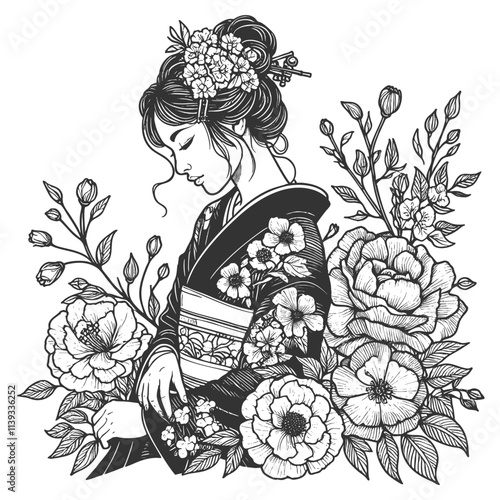 geisha in traditional kimono, surrounded by detailed blooming flowers and foliage sketch engraving generative ai fictional character vector illustration. Scratch board imitation. Black and white image