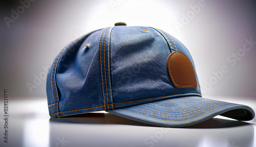 A classic denim snapback cap with a leather patch logo, positioned upright on a seamless white background