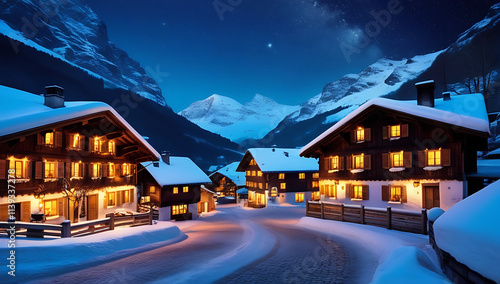“Alpine Village in Winter” – A cozy European mountain village nestled in the Alps, covered in snow, with warm lights glowing from chalet windows under a solid deep-blue night sky.
